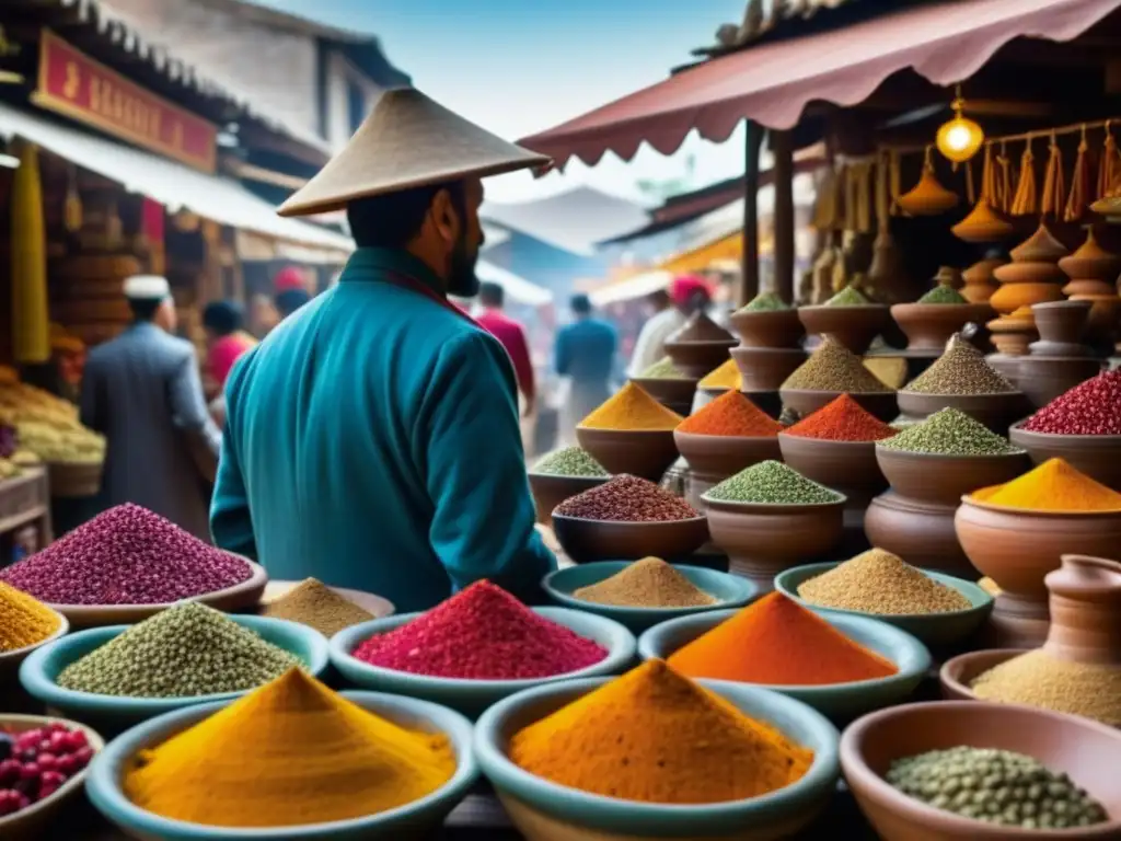 Vibrante escena de mercado antiguo con especias, frutas y cerámica, mostrando la importancia histórica de la gastronomía