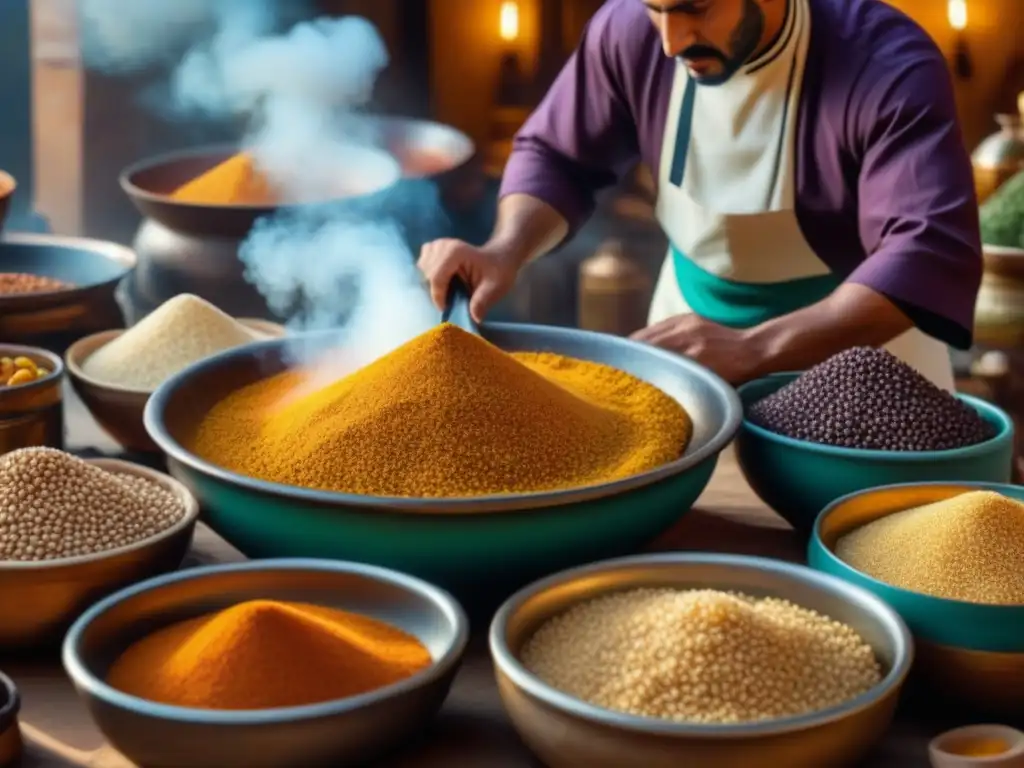 Una vibrante escena en un mercado antiguo del norte de África, con vendedores, especias y un chef preparando cuscús