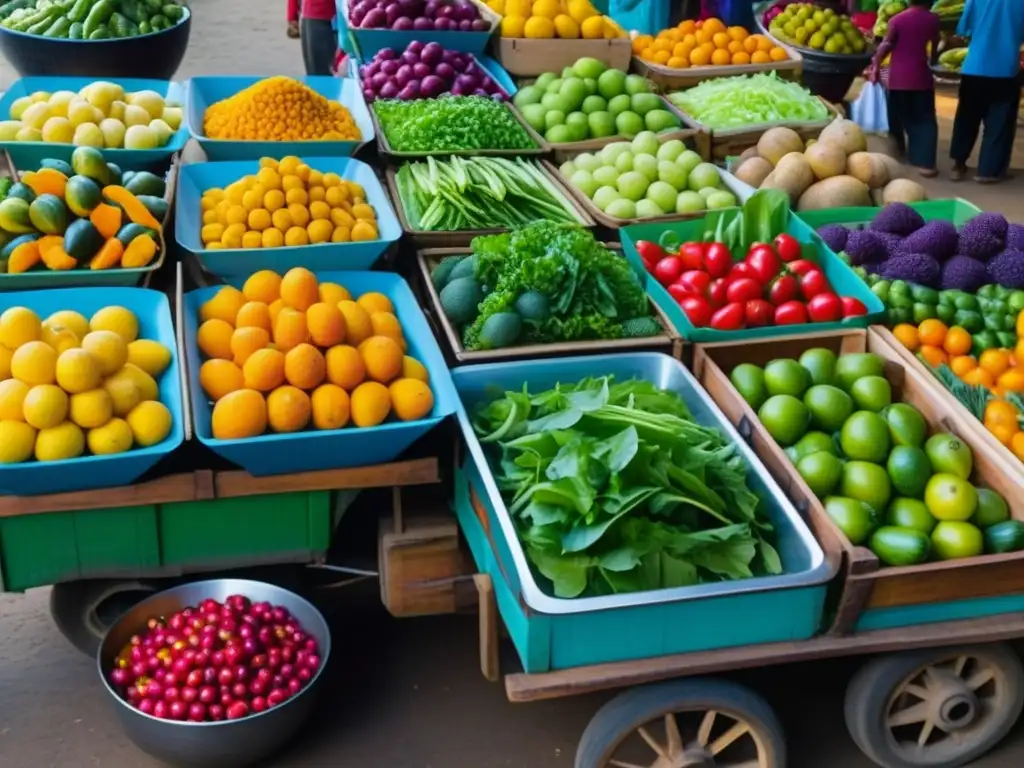 Una vibrante escena de mercado callejero en el sur de Asia, con coloridas frutas y verduras en carros de madera