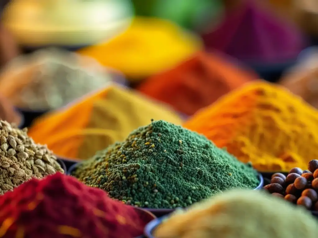 Una vibrante escena en un mercado de la India, con especias coloridas y aromáticas