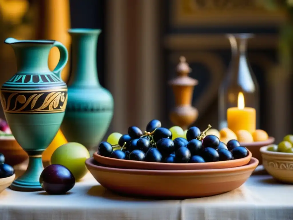 Vibrante escena de simposio griego con adornos y frutas, evocando el significado histórico simposio griego