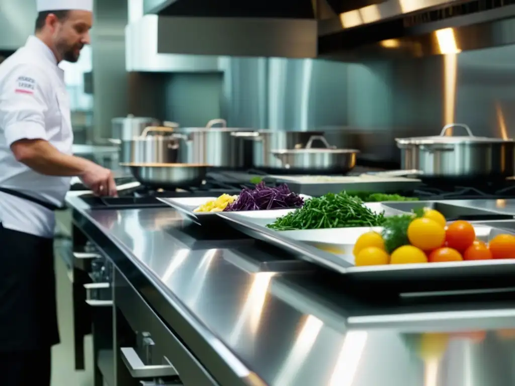 Un vibrante escenario de alta cocina industrial con chefs en acción, demostrando técnicas culinarias revolucionarias de la era industrial