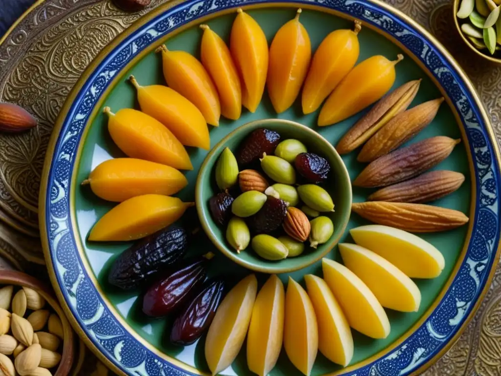 Una representación vibrante de frutos secos y frutas persas en un plato cerámico tradicional, destacando la historia y diversidad gastronómica de Asia