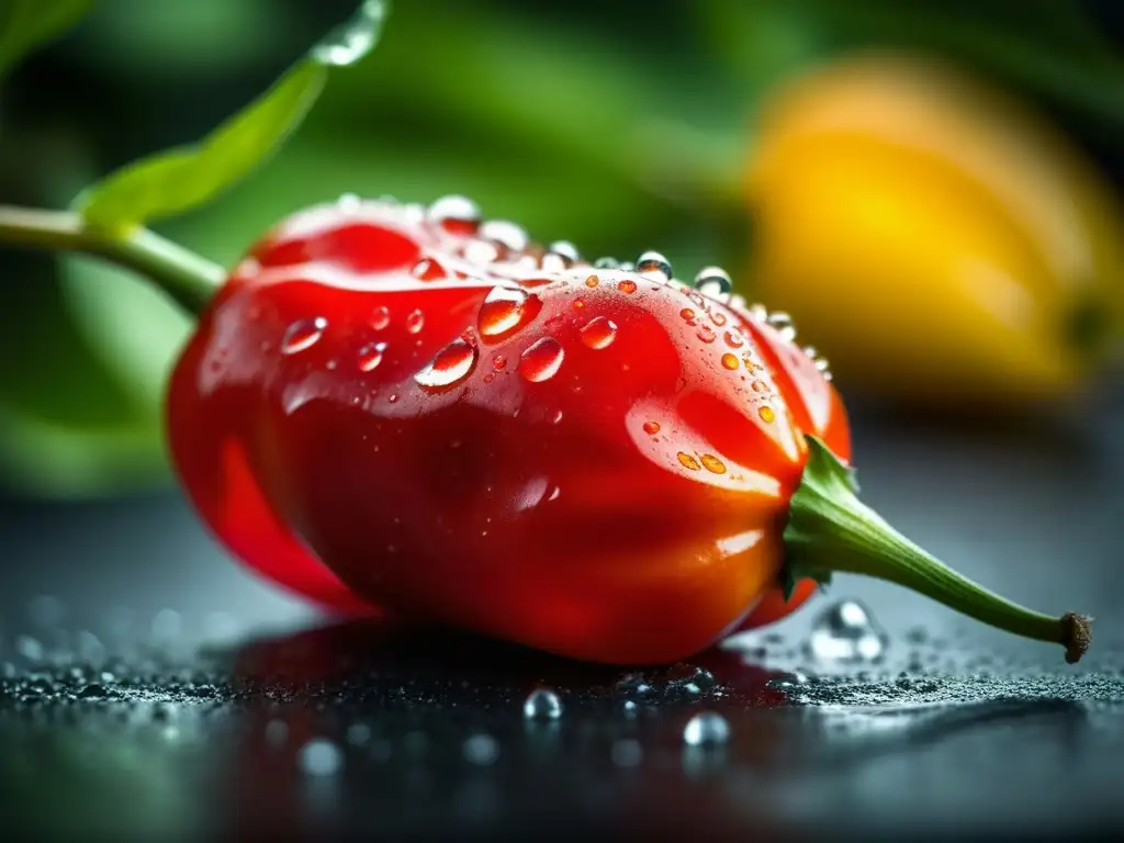 Un Scotch bonnet rojo vibrante con gotas de agua, destacando su textura y color, entre frutas tropicales y especias