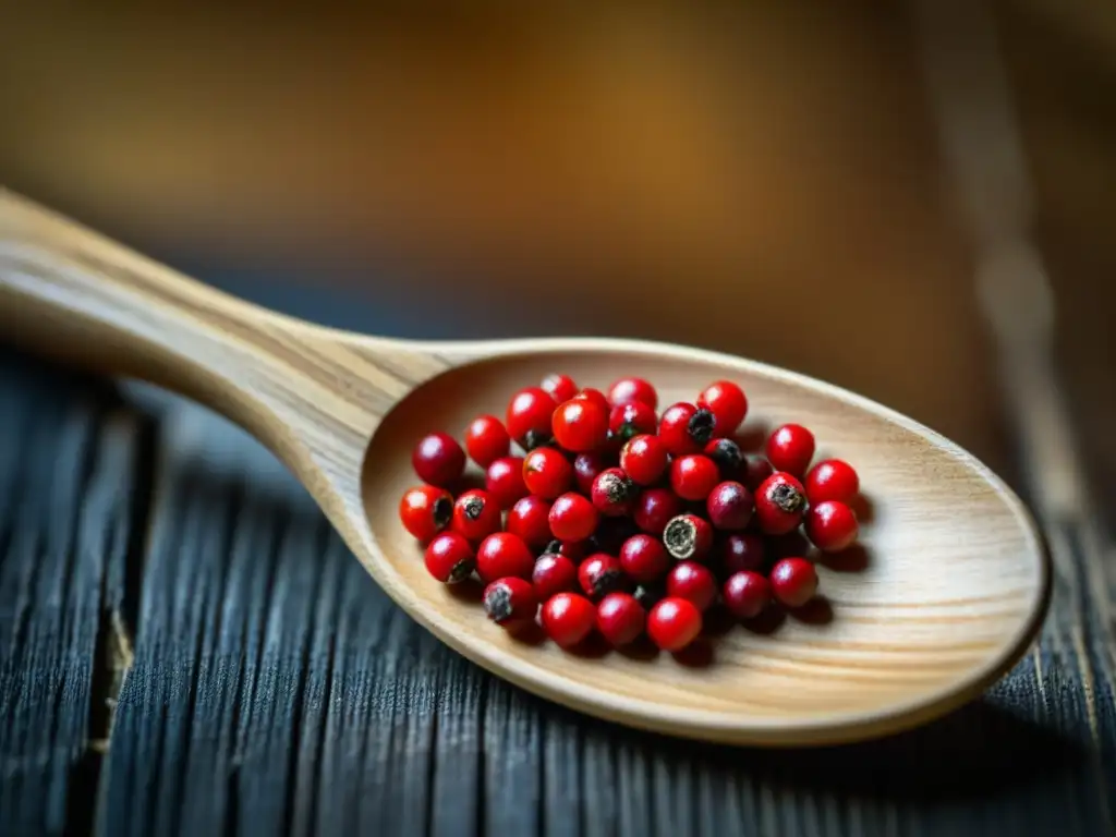 Un vibrante grano de pimienta roja sobre una antigua cuchara de madera, destaca el impacto cultural de la pimienta en la cocina medieval