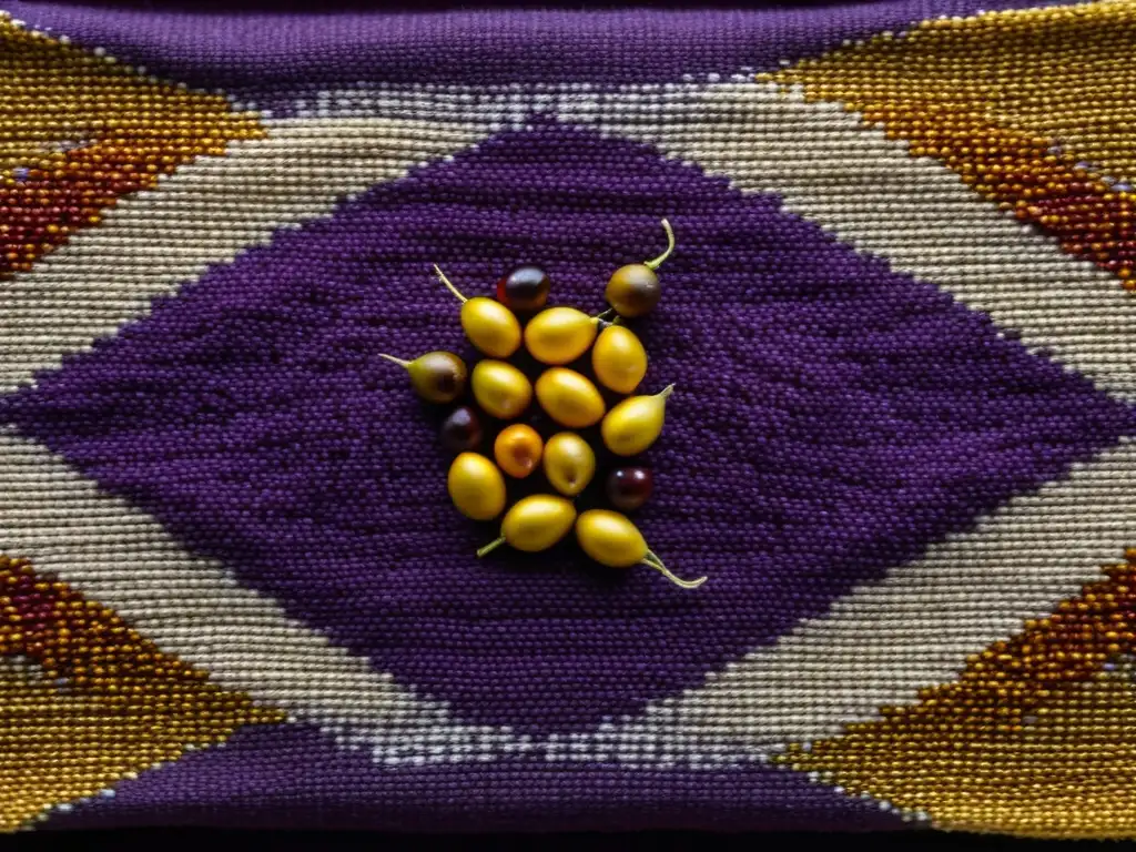 Vibrante composición de granos de quinua, semillas de amaranto, maíz morado y bayas doradas sobre textil peruano