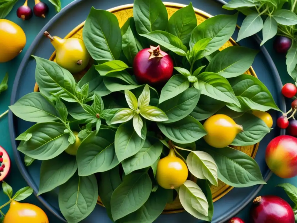 Jardín vibrante con hierbas y frutas bíblicas, luz dorada