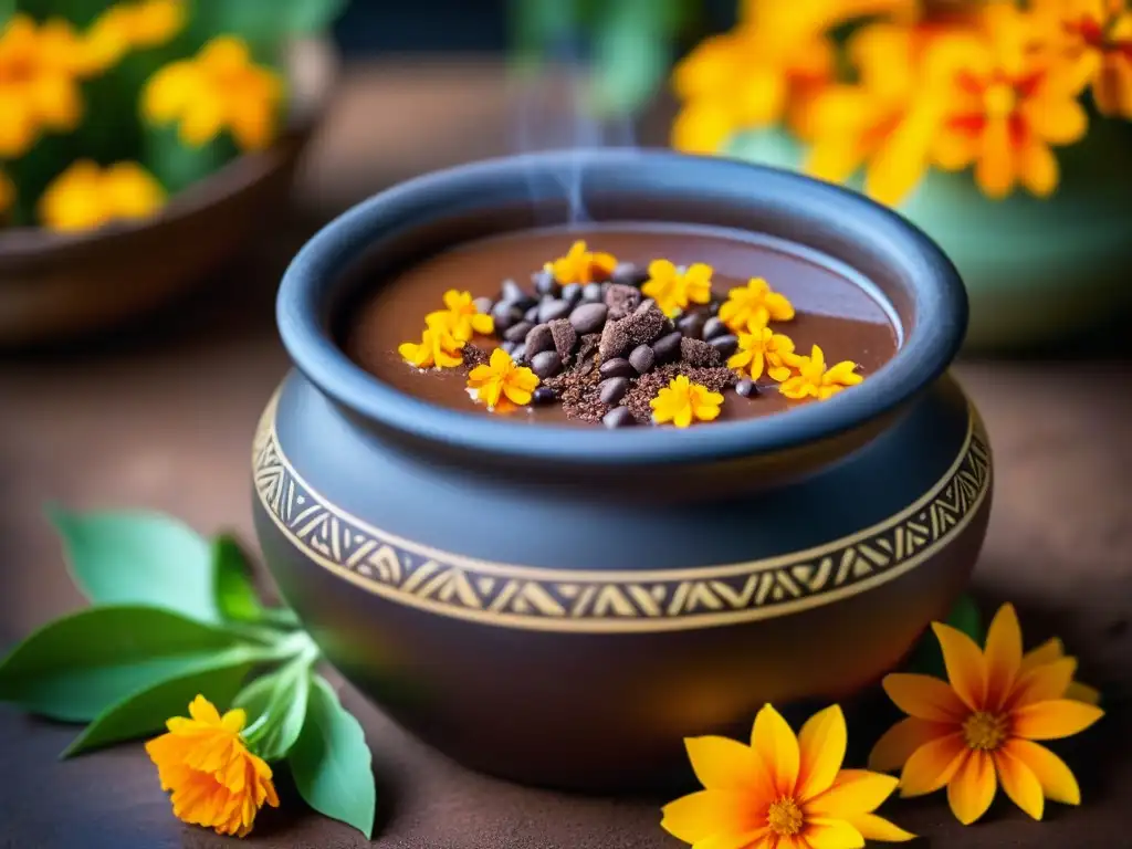 Vibrante imagen de olla azteca con champurrado, cacao y flores de cempasúchil, evocando recetas históricas cocina azteca