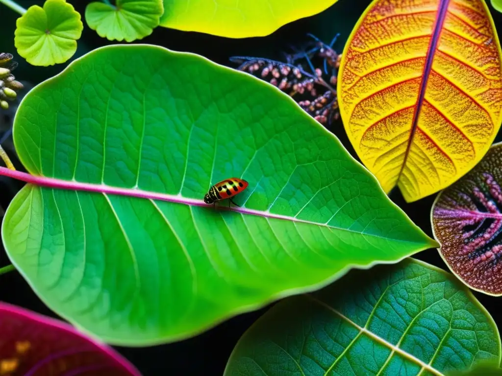 Un vibrante e intrincado ecosistema en una hoja de selva lluviosa, mostrando la biodiversidad en alimentación histórica