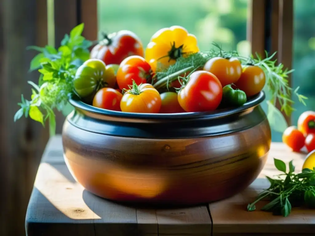 Vibrante legado culinario: Tomates y hierbas en una jarra de fermentación, resaltando técnicas ancestrales