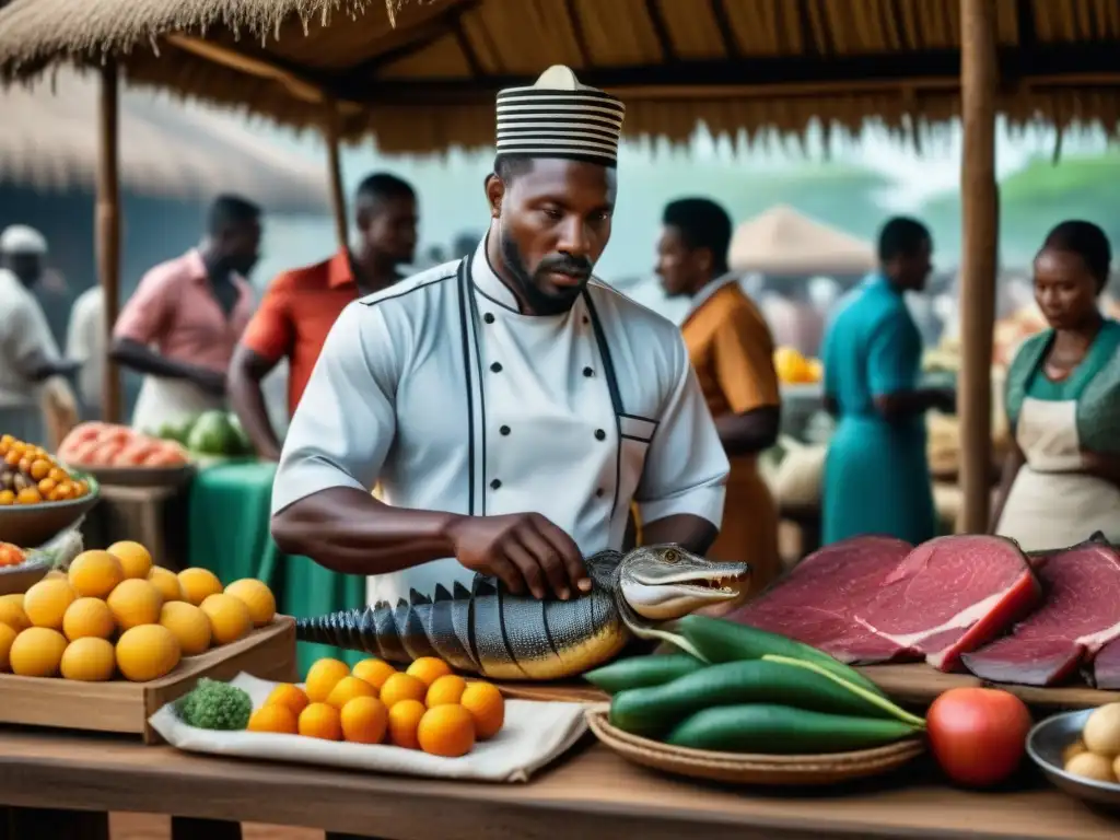 Vibrante mercado africano con carnes exóticas y colores llamativos