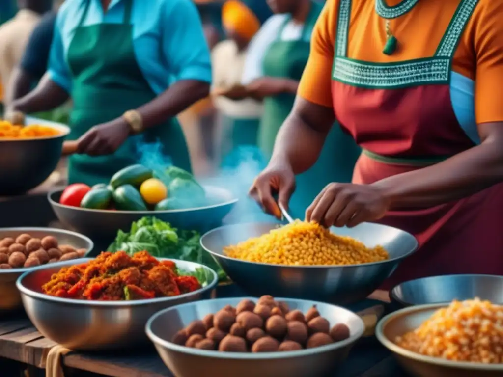 Un vibrante mercado africano bajo la colonia europea, con mujeres preparando una comida tradicional