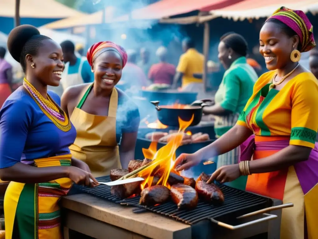 Un vibrante mercado africano donde mujeres preparan comida a la parrilla al aire libre al atardecer