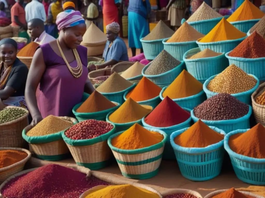 Vibrante mercado africano en África Oriental con especias exóticas y coloridas, inmerso en la rica cultura de la región