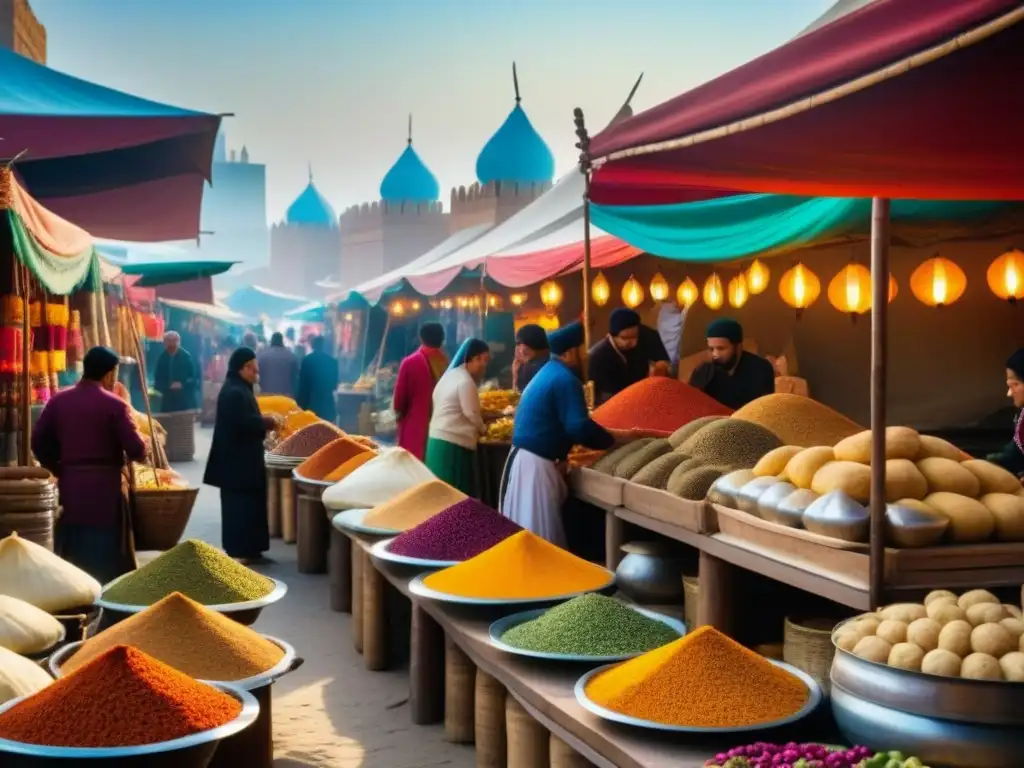 Un vibrante mercado de la antigua Ruta de la Seda, con especias, textiles e exóticas frutas, fusionando cocina e historia