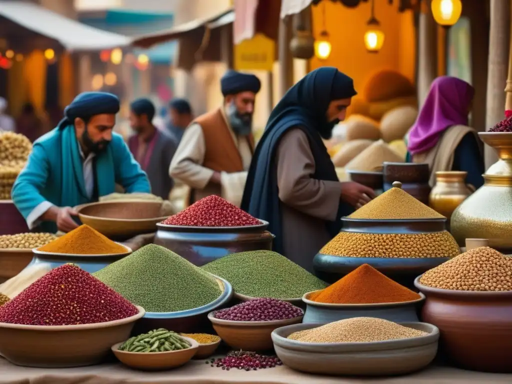 Vibrante mercado en el Califato Abásida, con fermentación y colores exóticos