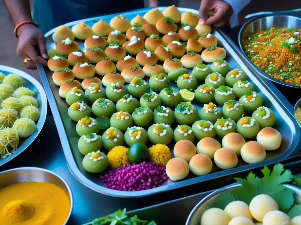 Vibrante mercado callejero en India con variadas delicias de chaat preparadas por vendedores expertos