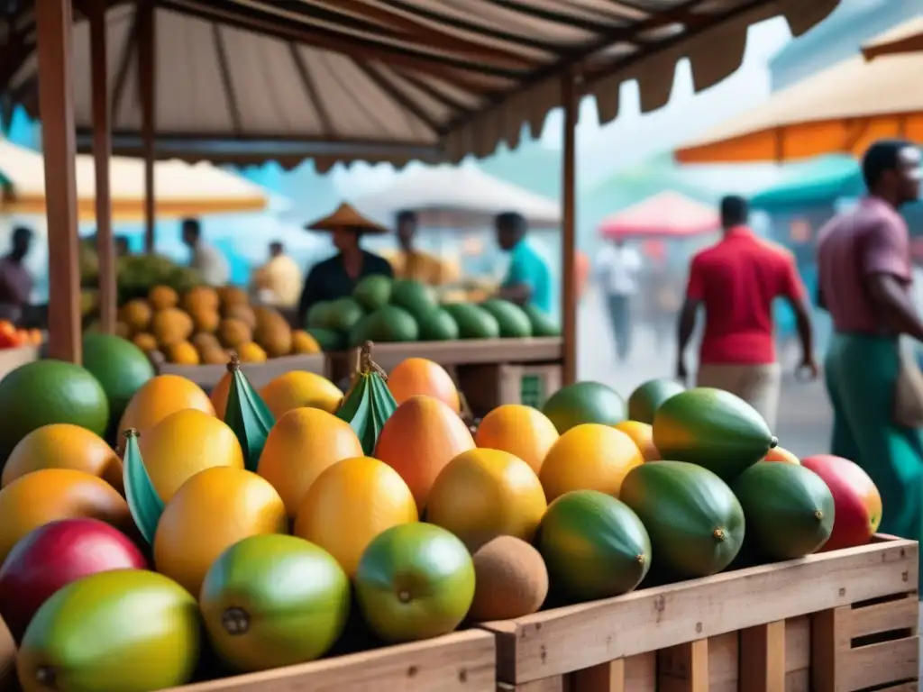 Vibrante mercado caribeño con frutas exóticas como mangos, piñas y papayas