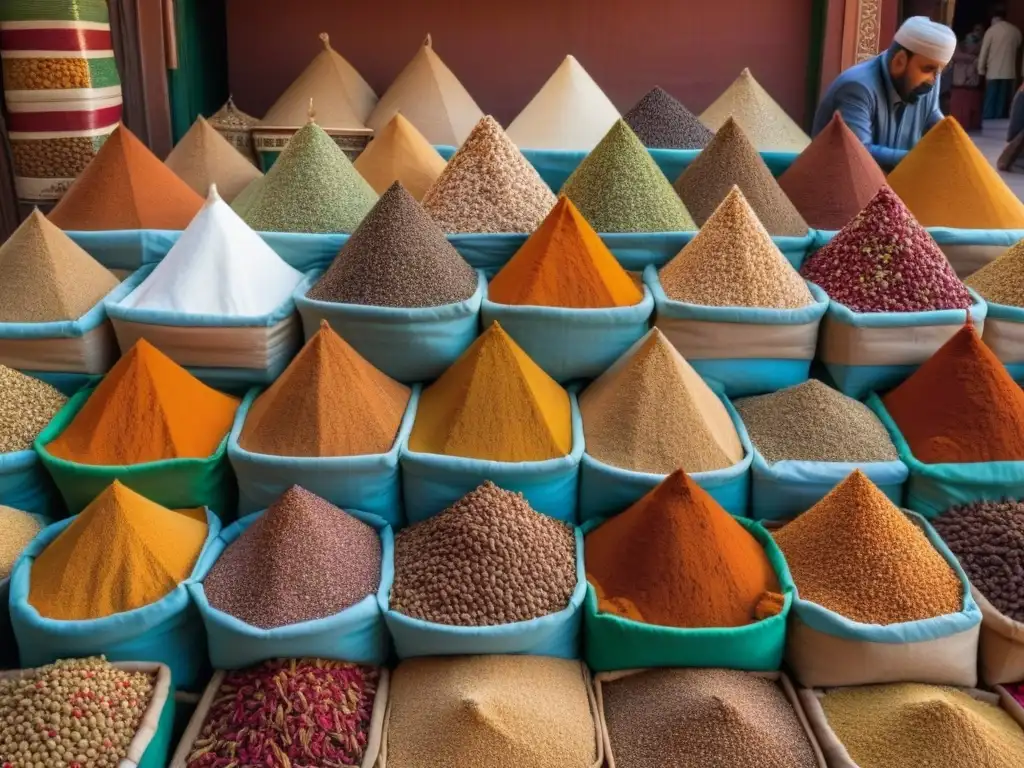 Vibrante mercado de especias en Marrakech, con clientes y vendedores negociando