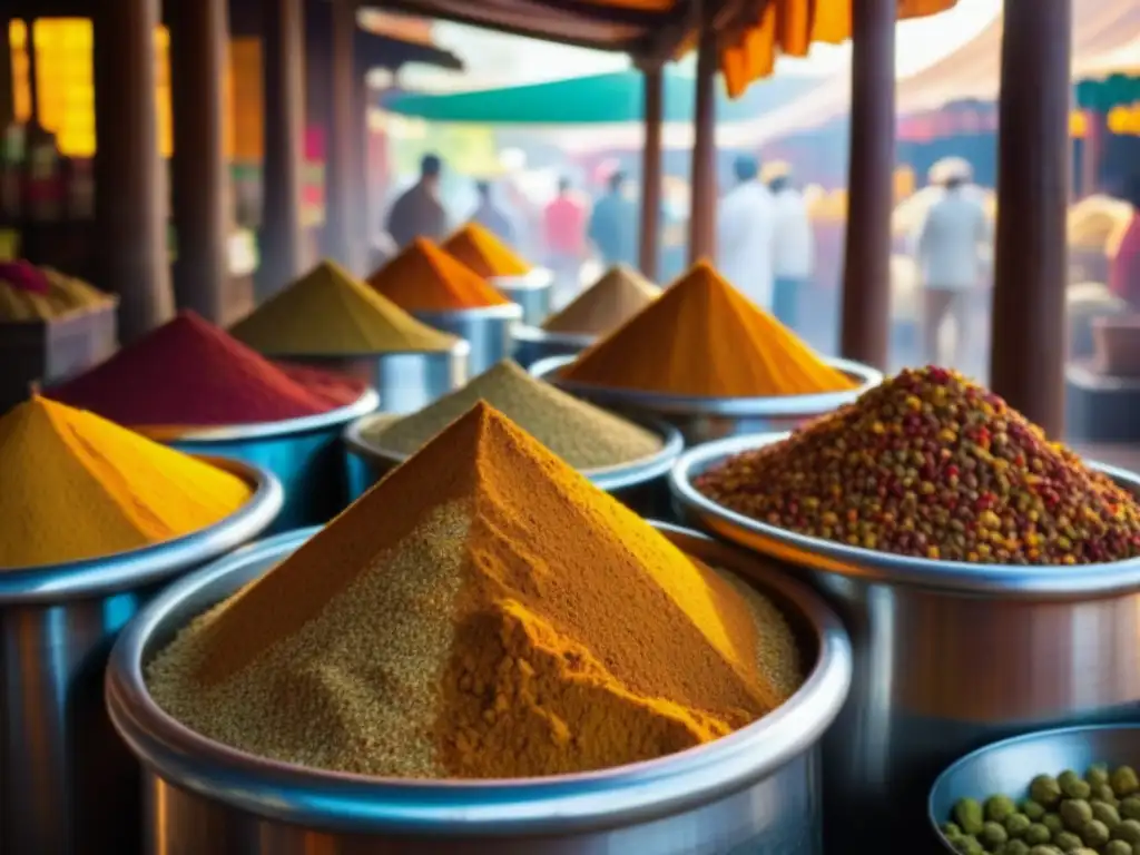 Un vibrante mercado de especias en India con relevancia cultural en recetas históricas