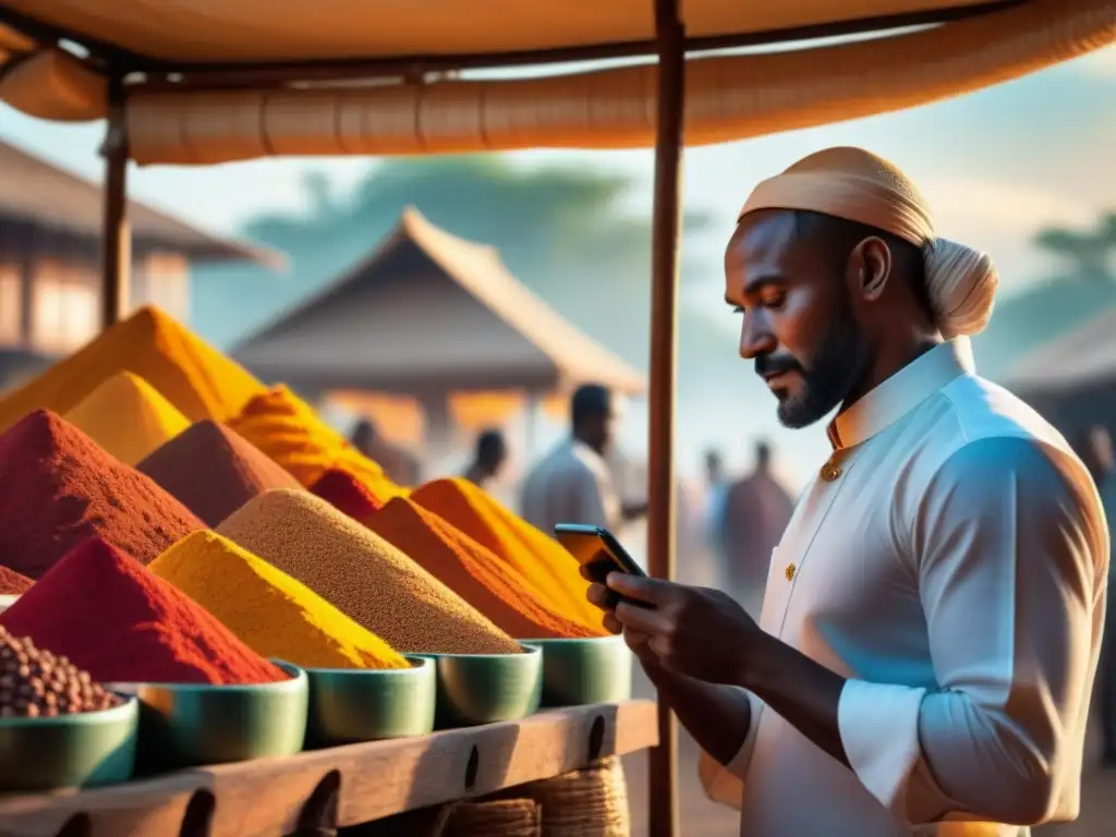 Un vibrante mercado de especias en África Oriental, fusionando tradición y modernidad en la revolución de las especias