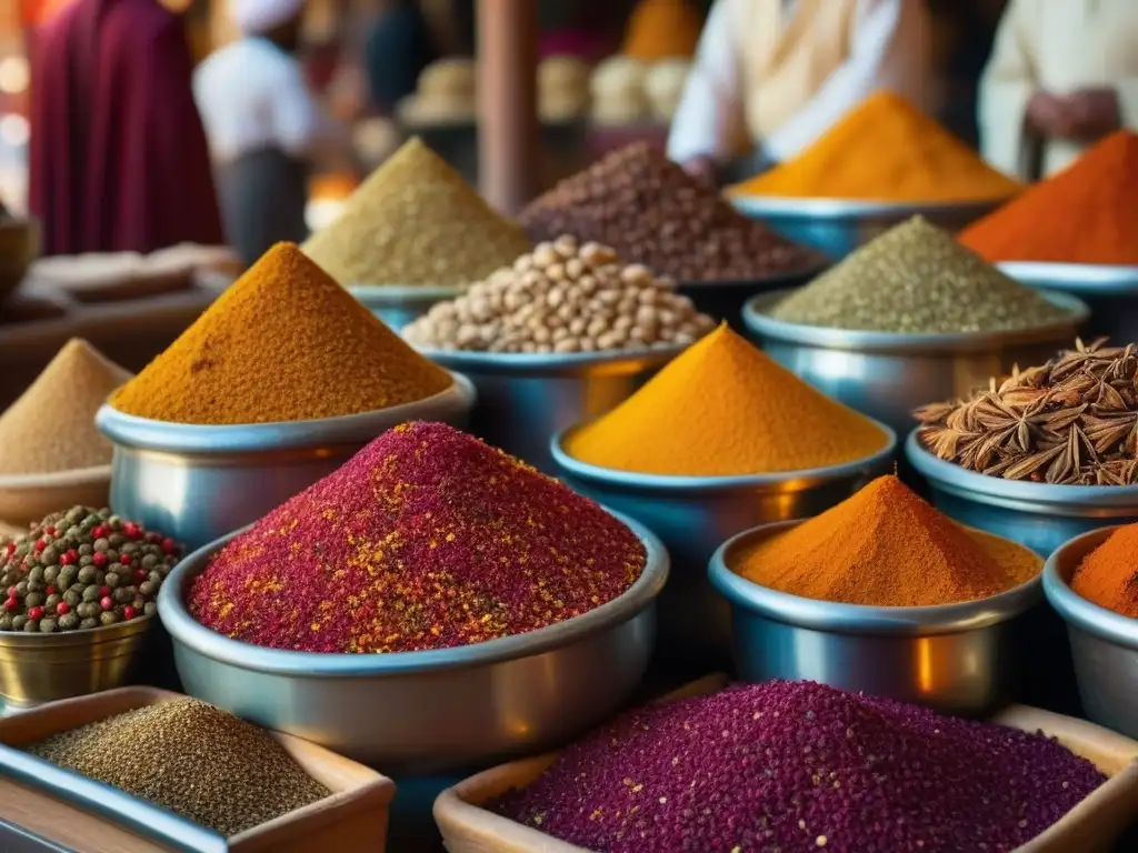 Vibrante mercado de especias en Persia antigua, con colores exóticos y bullicio de comerciantes y clientes en trajes tradicionales