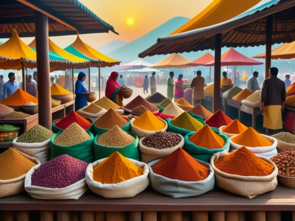 Vibrante mercado de especias en el sur de Asia, con clientes examinando sacos coloridos de cúrcuma, comino y canela bajo el cálido sol