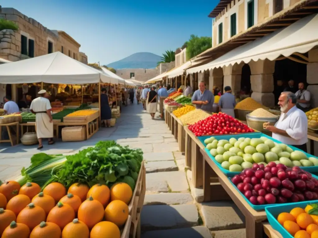 Vibrante mercado griego antiguo, con vendedores y alimentos coloridos