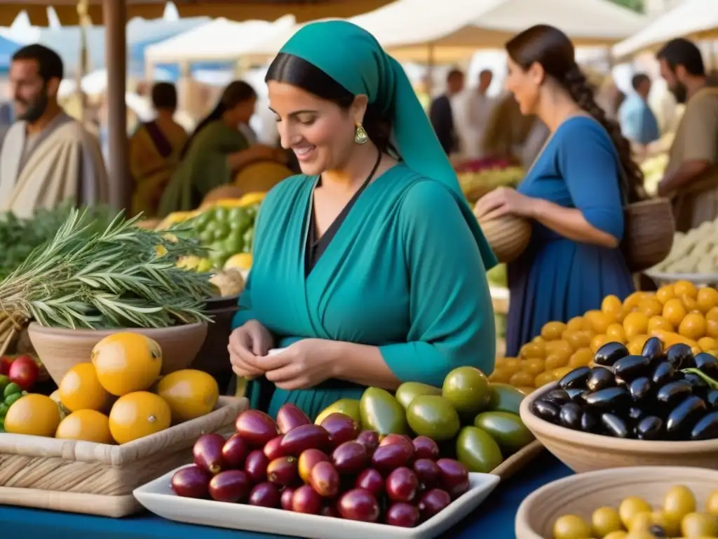 Un vibrante mercado griego antiguo, con mujeres en trajes tradicionales examinando alimentos coloridos