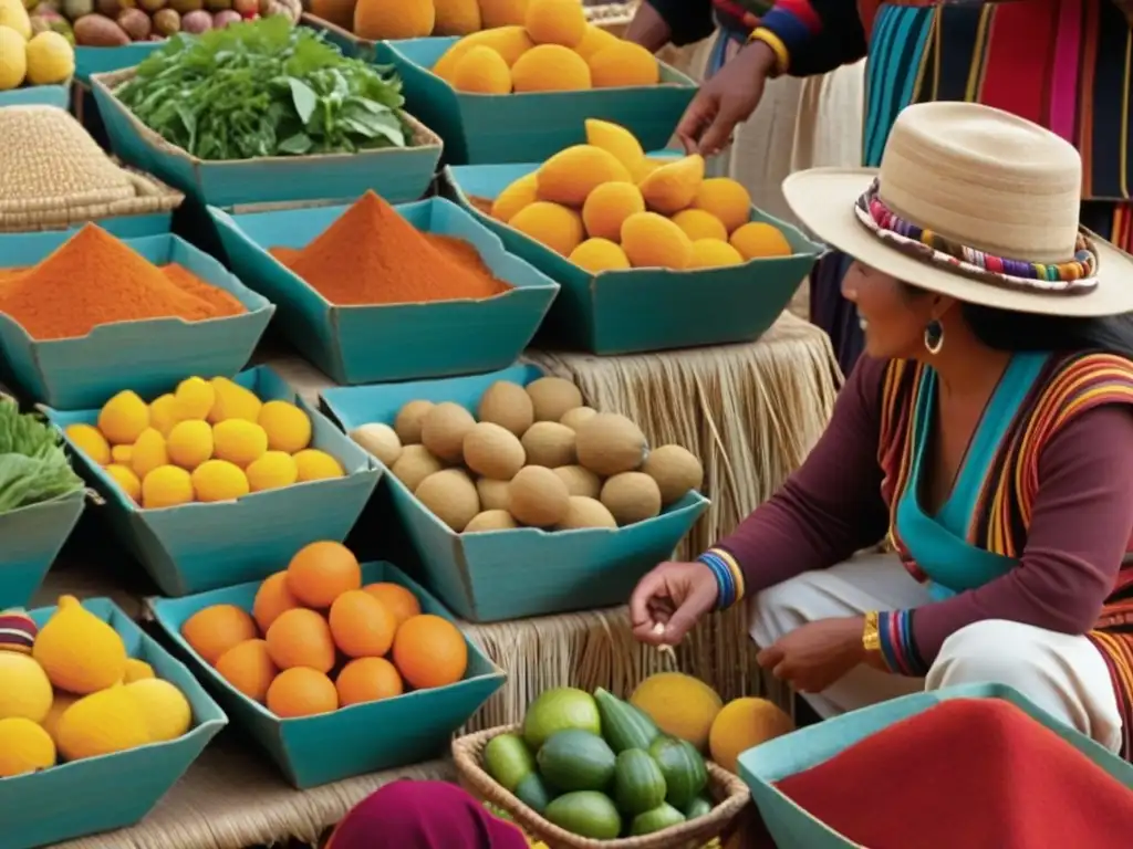 Vibrante mercado del Imperio Inca, con textiles coloridos, cerámica intrincada y variedad de frutas y vegetales