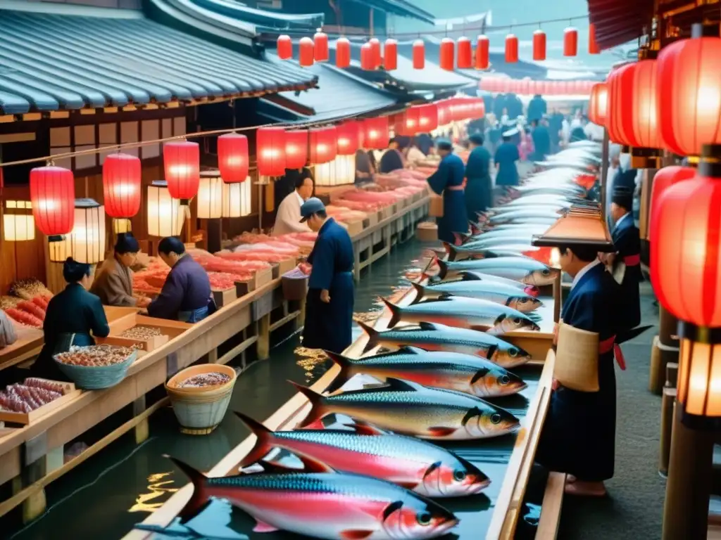 Vibrante mercado japonés de pescados en la Era Edo, pilares dieta Edo Pescados