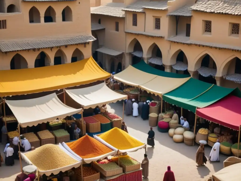 Vibrante mercado medieval en el Califato Abásida con diversas fuentes alimenticias