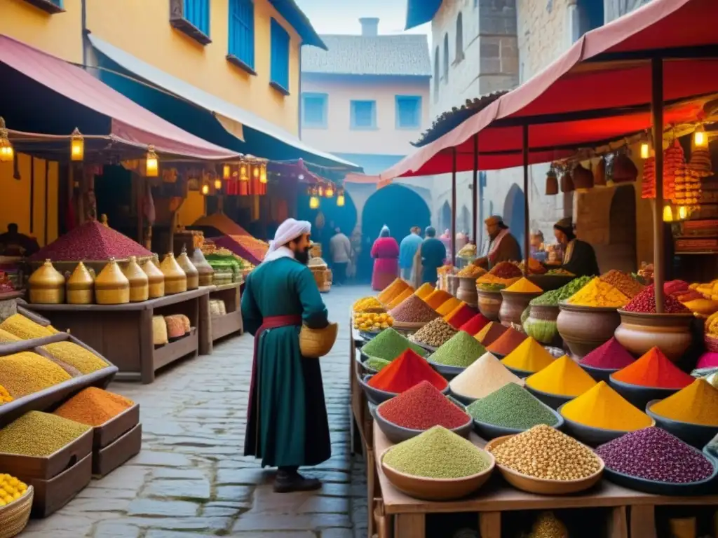 Un vibrante mercado medieval con especias exóticas y frutas coloridas, donde se intercambian ingredientes de distintas regiones