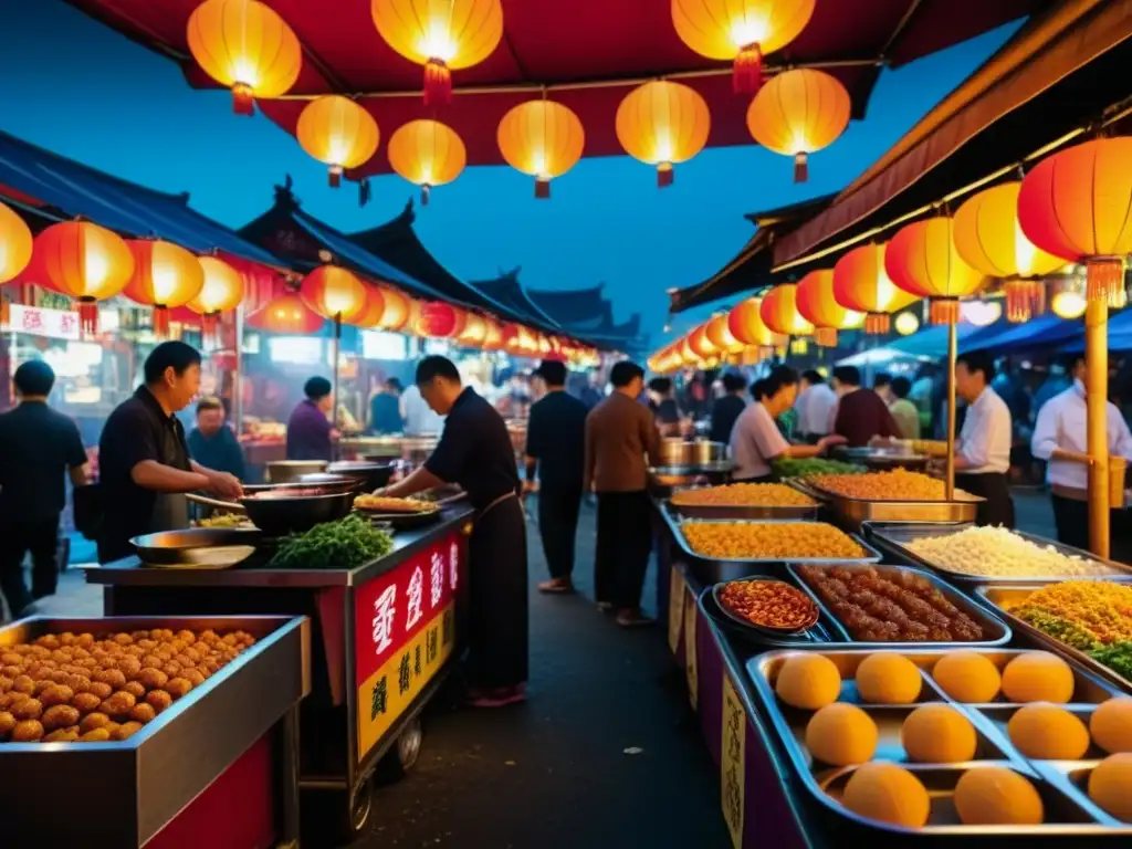 Vibrante mercado nocturno en Taiwán, con colores y sabores de la gastronomía local