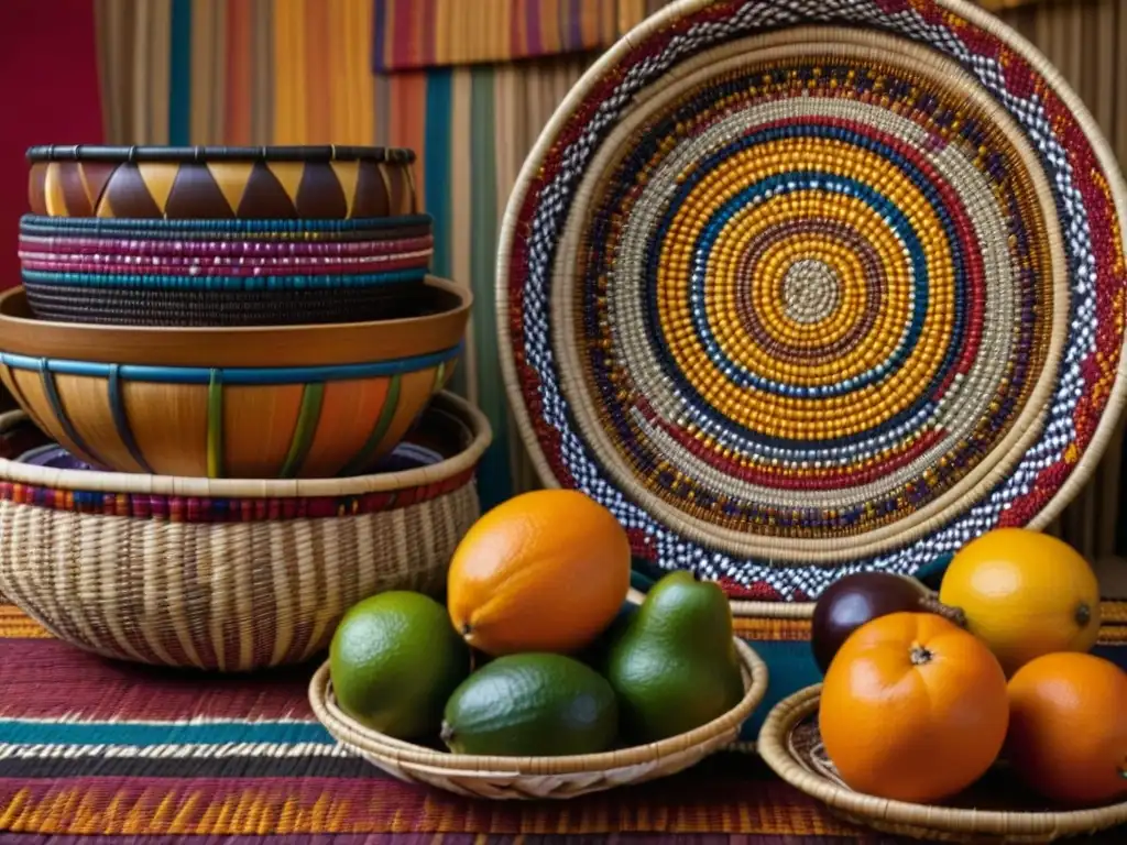 Vibrante muestra de alimentos ceremoniales en África precolonial en cestas tejidas, granos coloridos, frutas exóticas y utensilios tradicionales