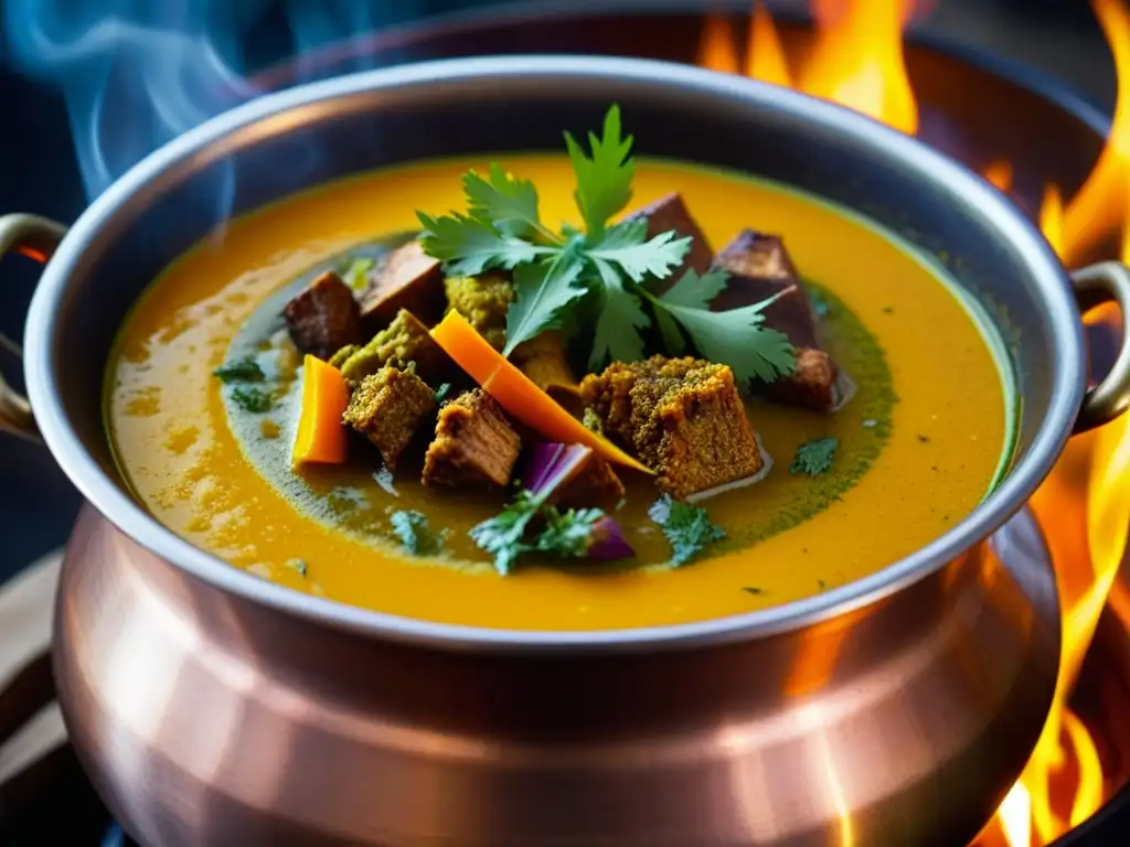 Un vibrante curry hindú en olla de cobre sobre fuego, fusionando influencias mongolas con recetas del norte de India