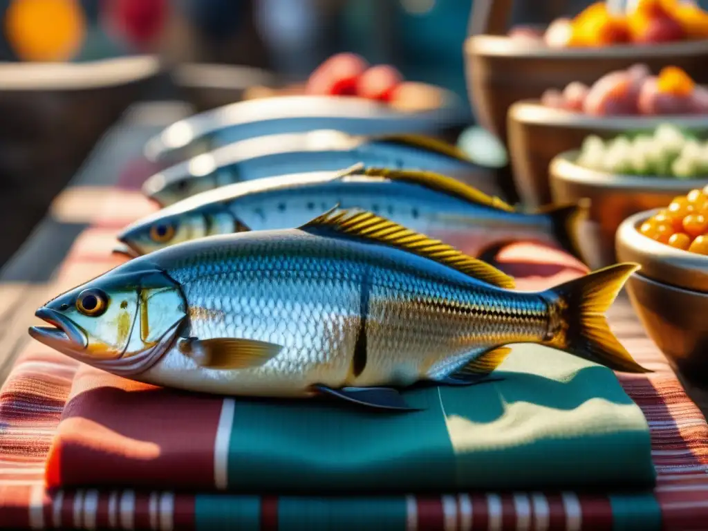 Vibrante puesto de mercado saheliano con pescado fresco y carne, destaca la importancia de carne y pescado en la dieta saheliana