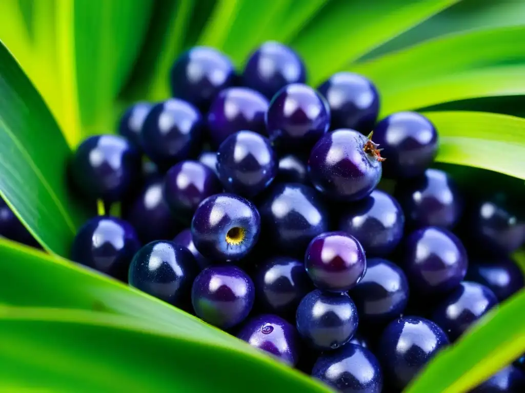 Un vibrante racimo de bayas de açaí amazónico recién cosechadas entre hojas verdes, resaltando su tono morado y beneficios culturales