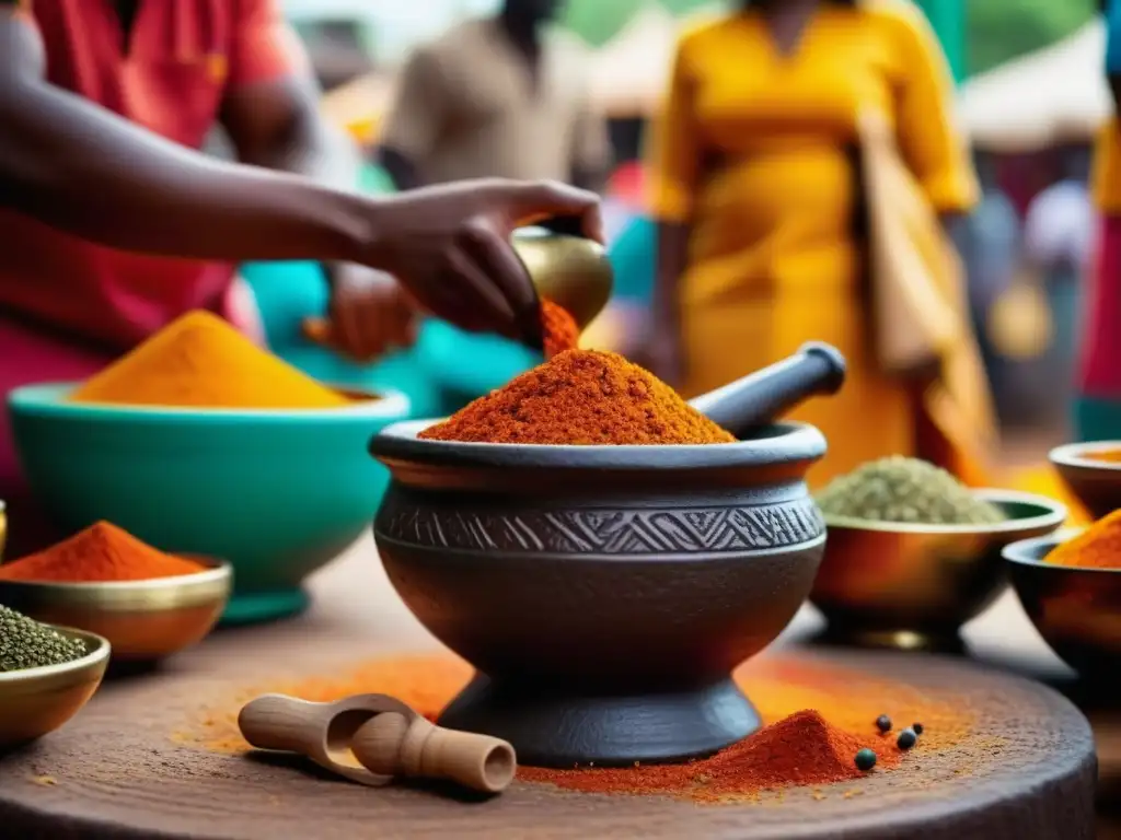 Un vibrante retrato culinario africano-caribeño: especias molidas a mano, mercado bullicioso, similitudes cocina africana caribeña histórica