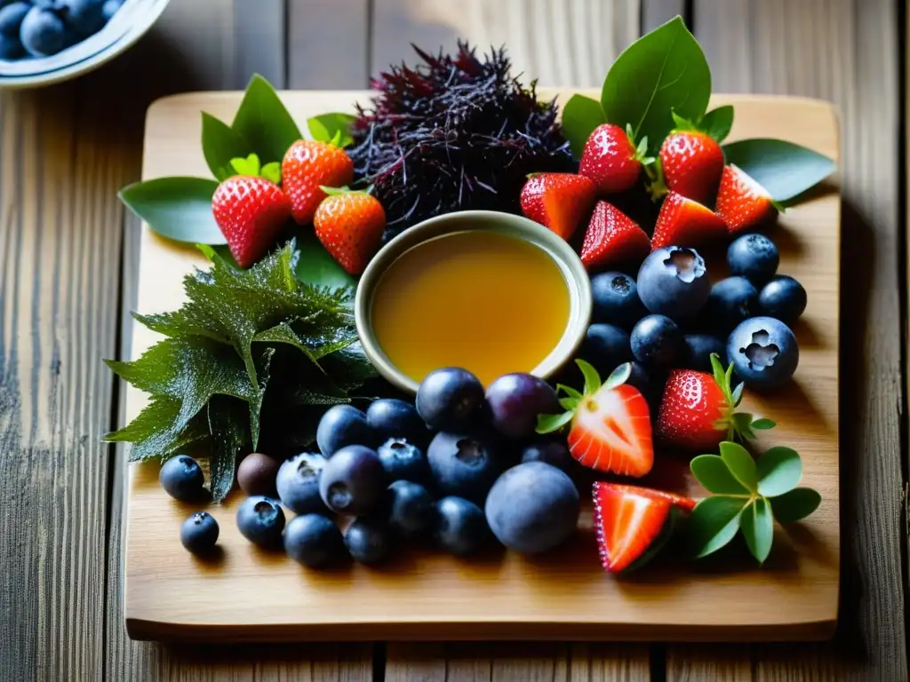 Una vibrante selección de alimentos marinos antioxidantes culinarios en una tabla de madera rústica