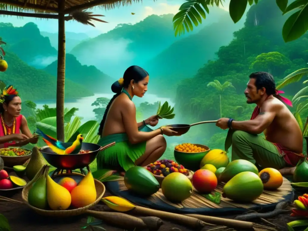 Una ilustración vibrante de la selva amazónica con frutas exóticas, aves coloridas y gente cocinando platos tradicionales