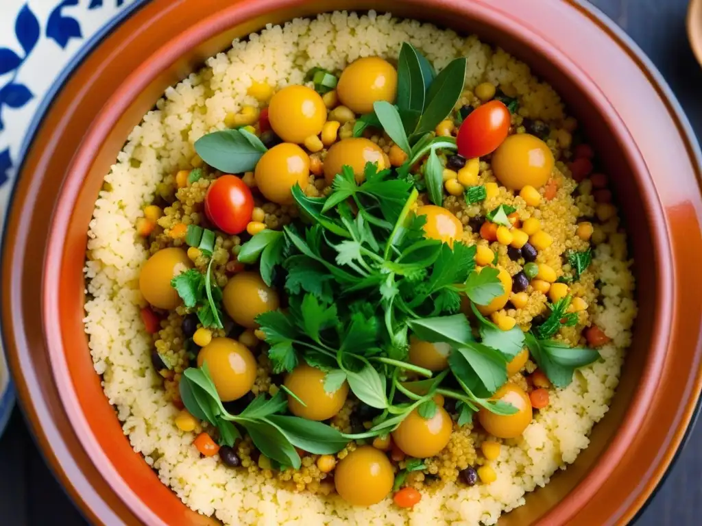 Vibrante tagine de couscous magrebí, evocando la rica historia culinaria de la dieta mediterránea