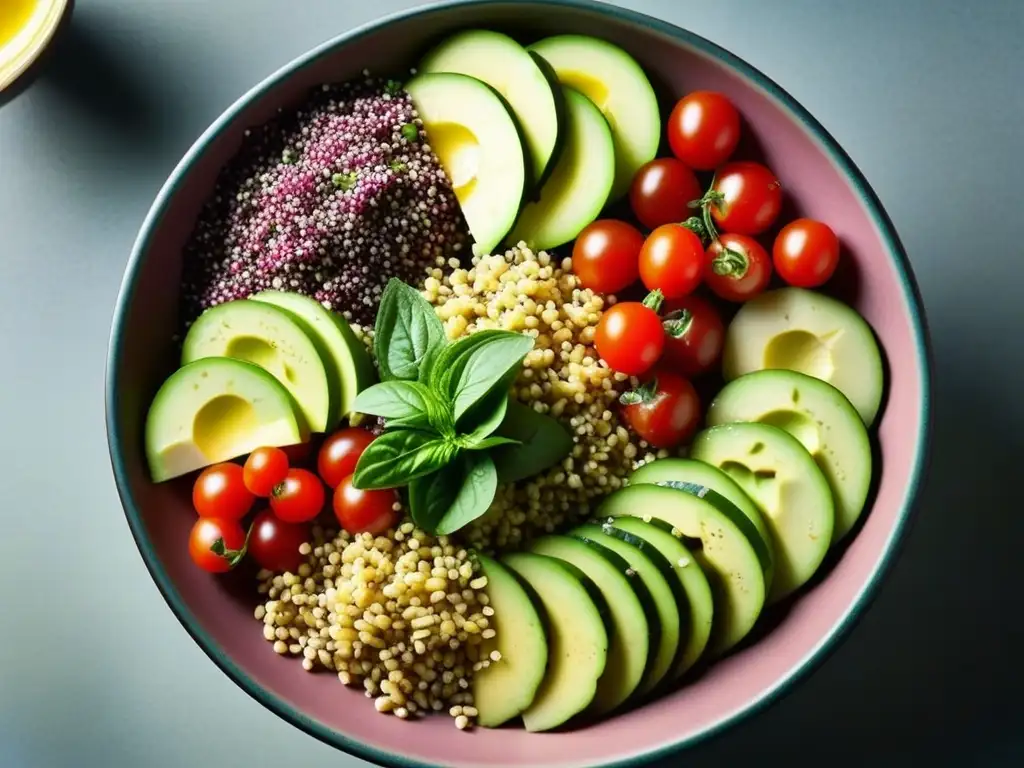 Ensalada de amaranto: frescura y color en un plato saludable Un vibrante tazón de ensalada de amaranto, con ingredientes frescos y coloridos