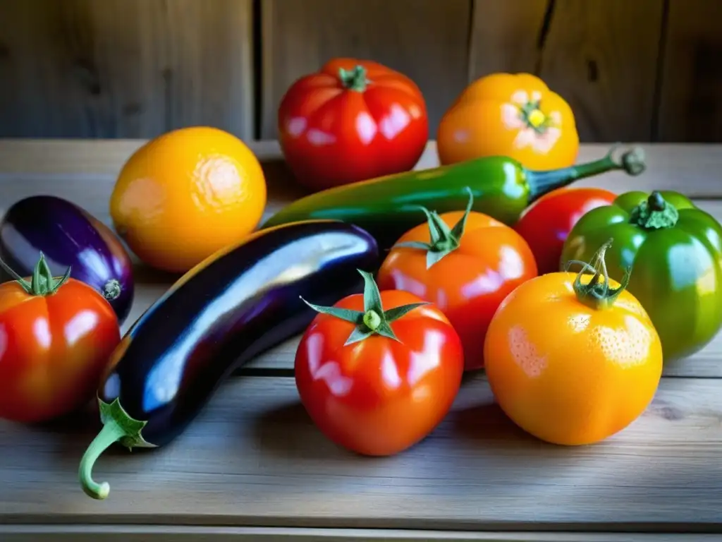 Vibrante variedad de alimentos frescos en una mesa de madera rústica, mostrando la evolución de la Dieta española post Guerra Civil