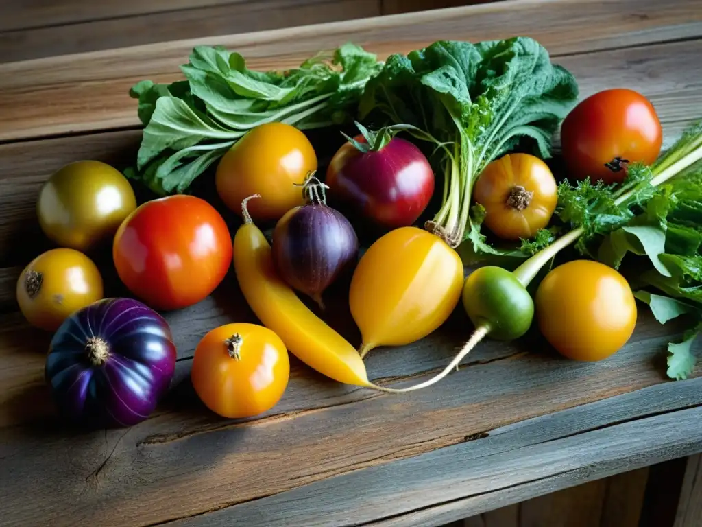 Una vibrante variedad de alimentos orgánicos antiguos en una mesa de madera rústica