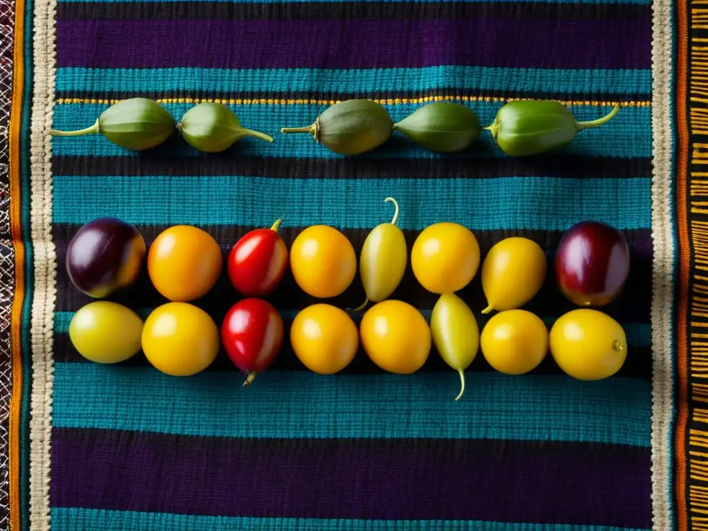 Una vibrante variedad de ingredientes incas históricos sobre textil tradicional, capturando la biodiversidad del Imperio Inca