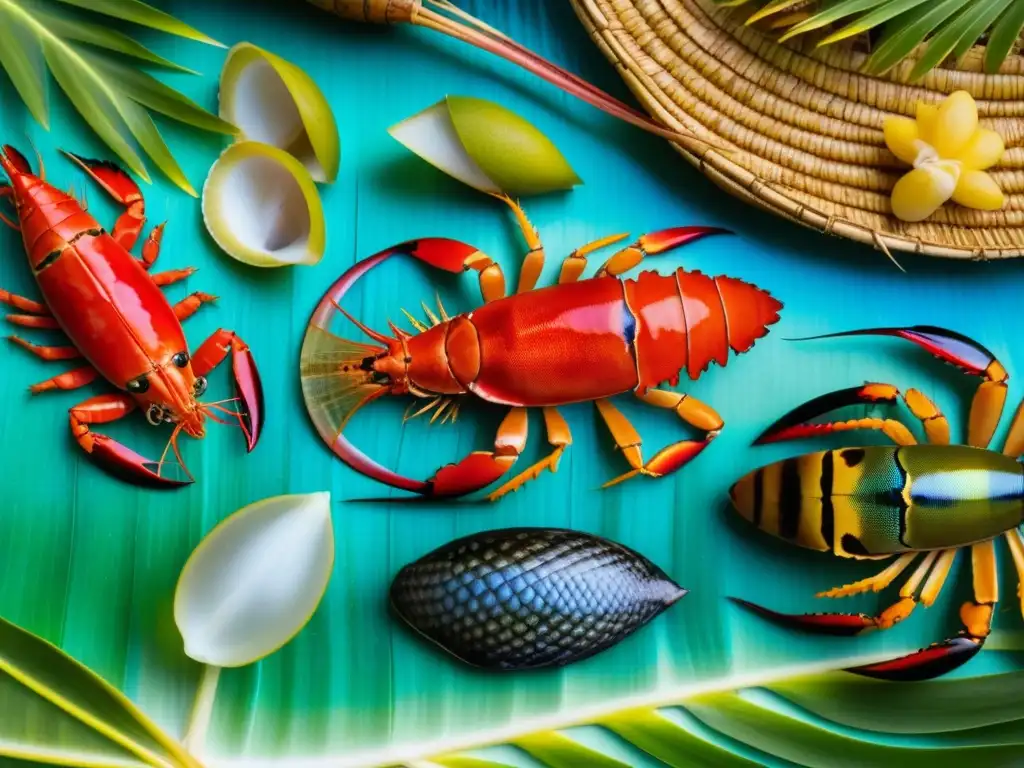 Una vibrante variedad de mariscos recién capturados en Micronesia, con langostas coloridas, conchas intrincadas y escamas relucientes