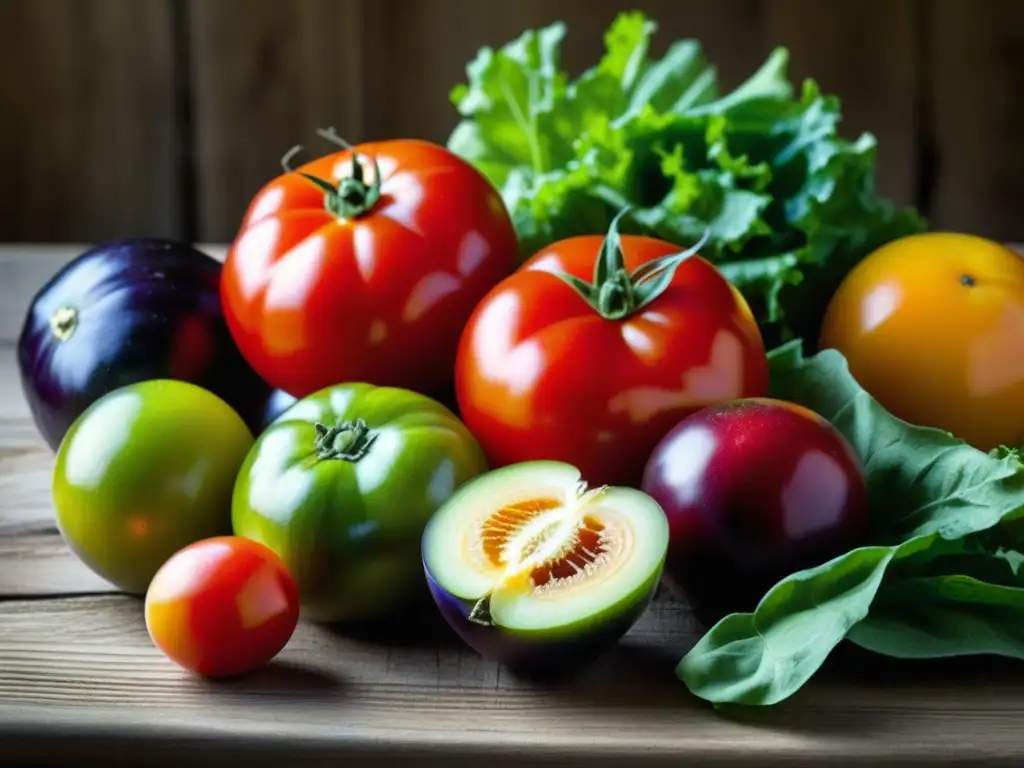 Exuberante variedad de frutas y verduras orgánicas en mesa de madera Una vibrante variedad de productos orgánicos en una mesa de madera, capturando la conexión a la tierra y a festividades históricas