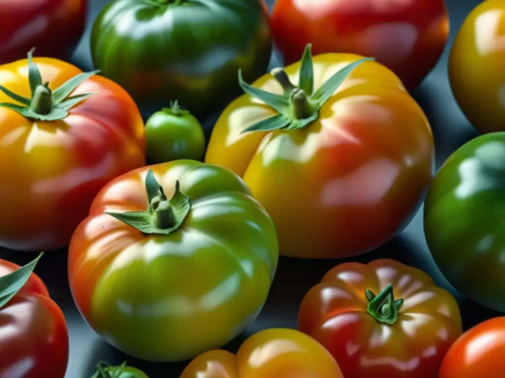 Una vibrante variedad de tomates antiguos, maduros y brillantes