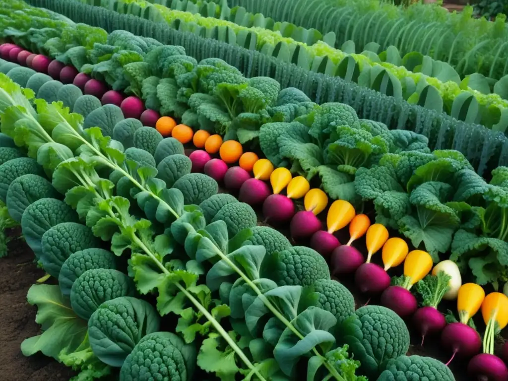 Un jardín medieval vibrante con vegetales coloridos bajo la luz matutina, evocando dietas históricas sostenibles